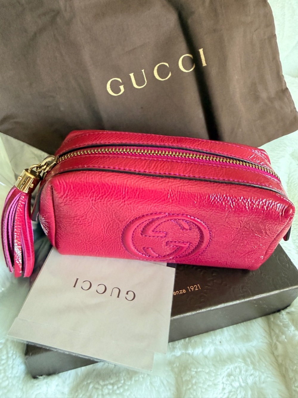 GUCCI Cosmetic Pouch Purse Soho GG
Logo Enamel Pink Tassel